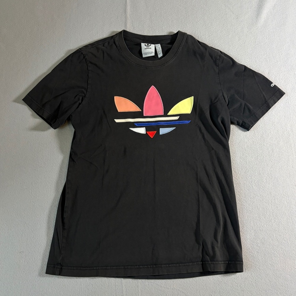 Adidas Originals Mens Trefoil Graphic T-Shirt Black Multicolor Patchwork Small‎